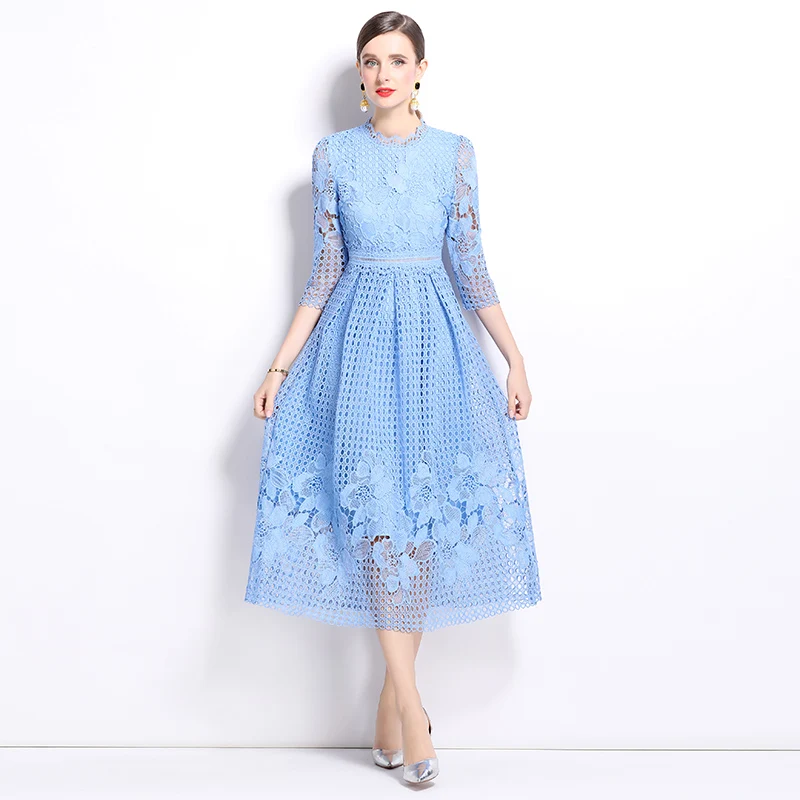 Vintage New Autumn Water Soluble Lace Slim Midi Dress Elegant Women Stand Collar Hollow Out Floral Embroidery Party Blue Clothes