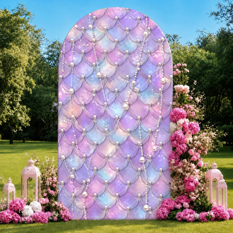 

Mermaid Arch Backdrop Cover Iridescent Pearl Scales Stretchy for Girl Birthday Party Baby Shower Decor Photography Background