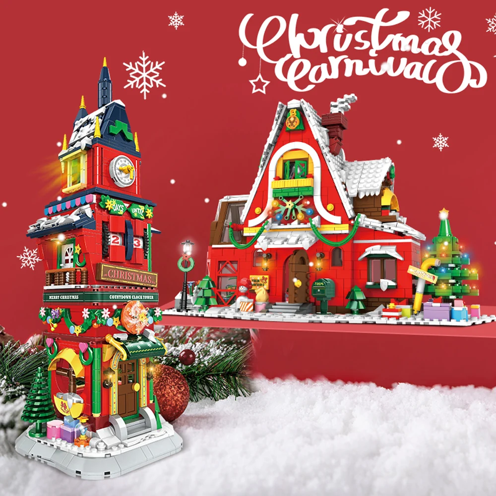 Ciudad creatividad invierno pueblo Nochebuena cuenta regresiva torre modelo bloques de construcción juguetes para niños regalo de Navidad