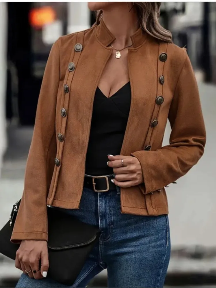 

New Fashion Autumn Winter Vintage Solid Stand Collar Double Breasted Long Sleeve Women Jacket, Casual Office Lady Outwear Coat