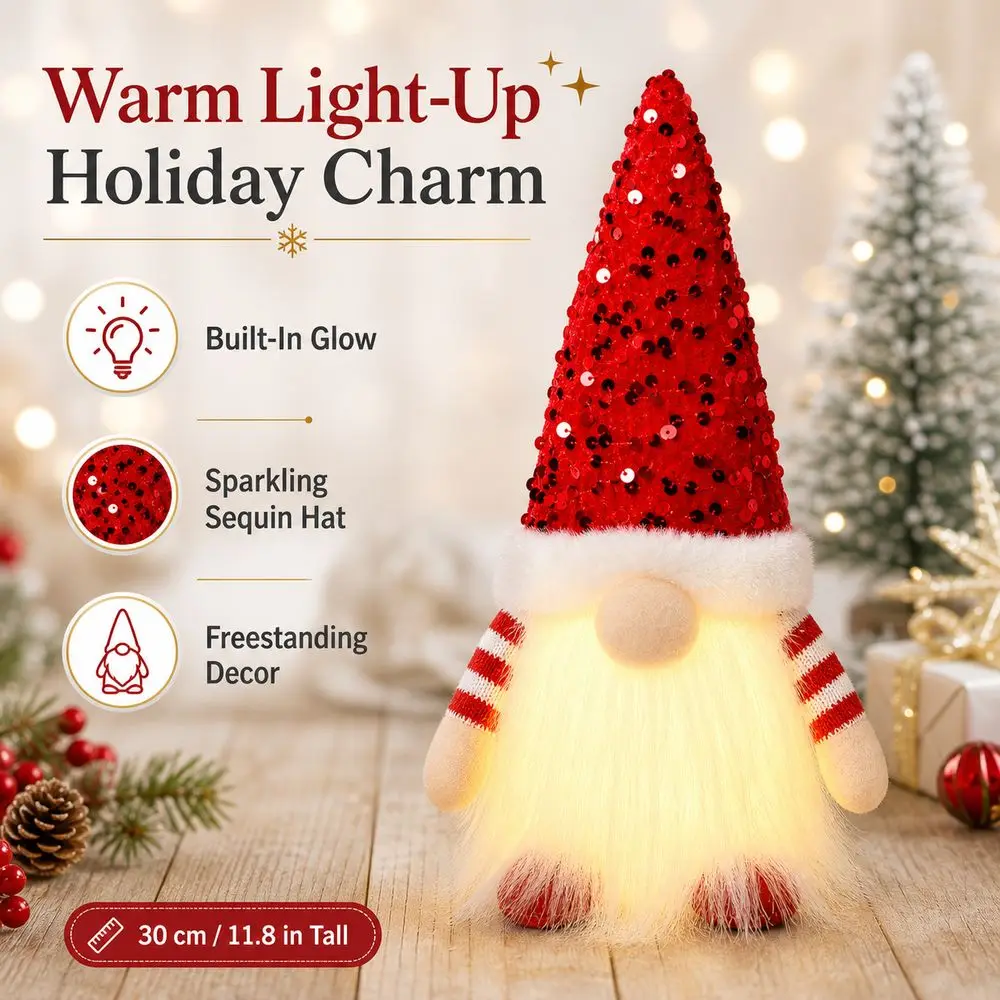 Fabric Christmas Gnome Figurine White Beard Light Up Gnome Sequin Pointed Hat Freestanding Lighted Gnome Decoration