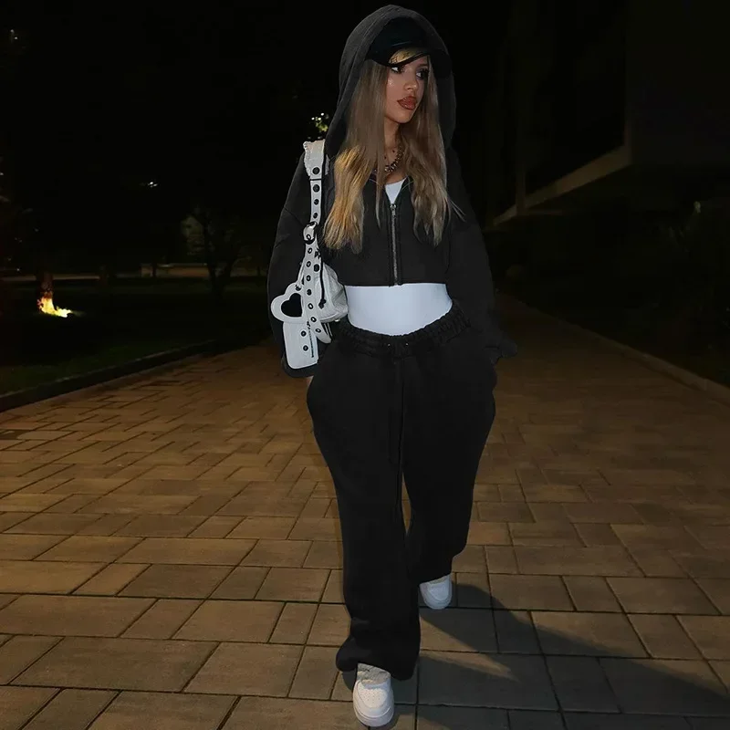 여성용 솔리드 루즈 캐주얼 플리스 2 피스 세트, 지퍼 운동복, 전체 소매 후드 재킷, 크롭탑 + 와이드 레그 팬츠, 스트리트 슈트