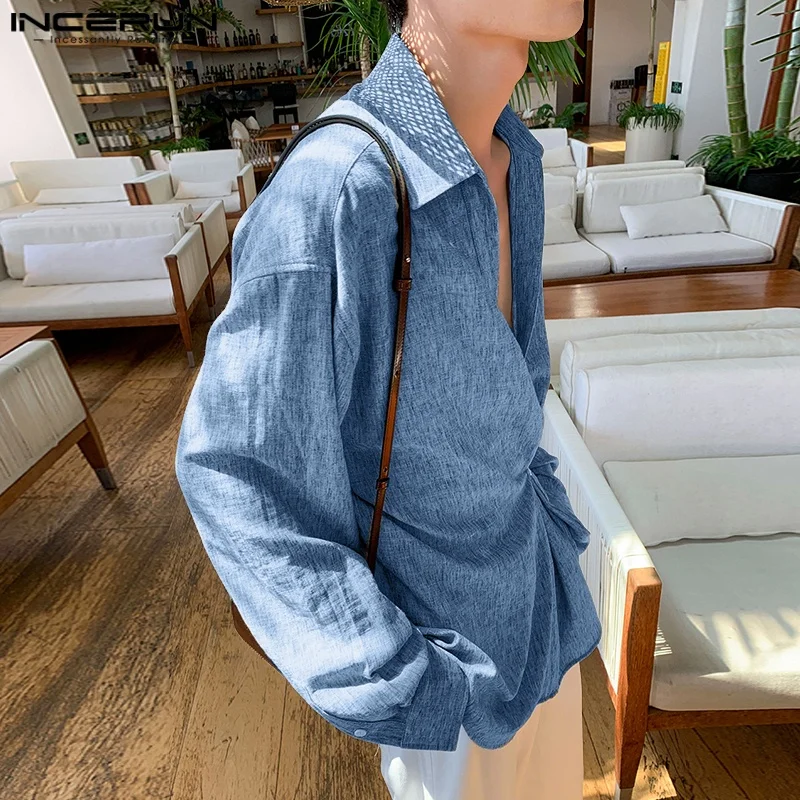 INCERUN الرجال غير النظامية قميص الصلبة التلبيب كم طويل زر الرجال الملابس فضفاضة الشارع الشهير الكورية نمط بلوزات على الموضة الذكور القمصان