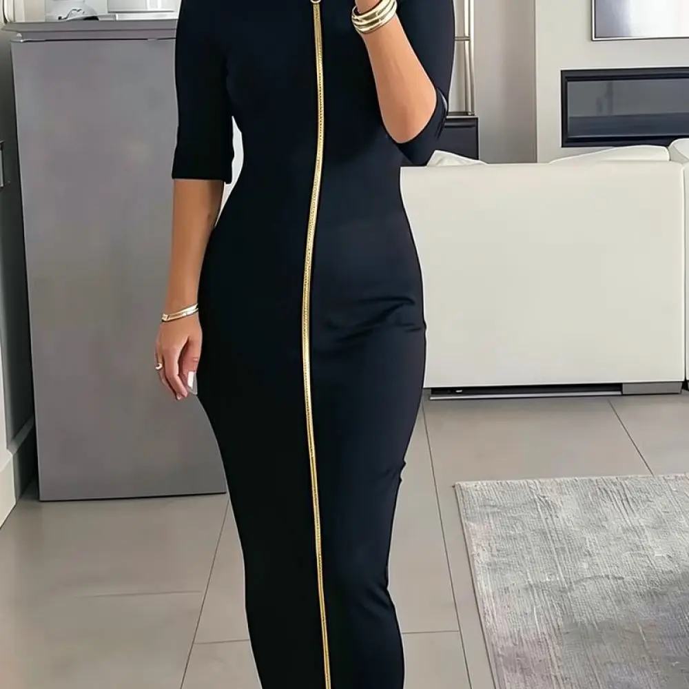 Womens Plus Size Elegant Bodycon Dress Fashion Zip Up Style Slim Fit Half Sleeve Midi Skirt Casual Commuter Wear
