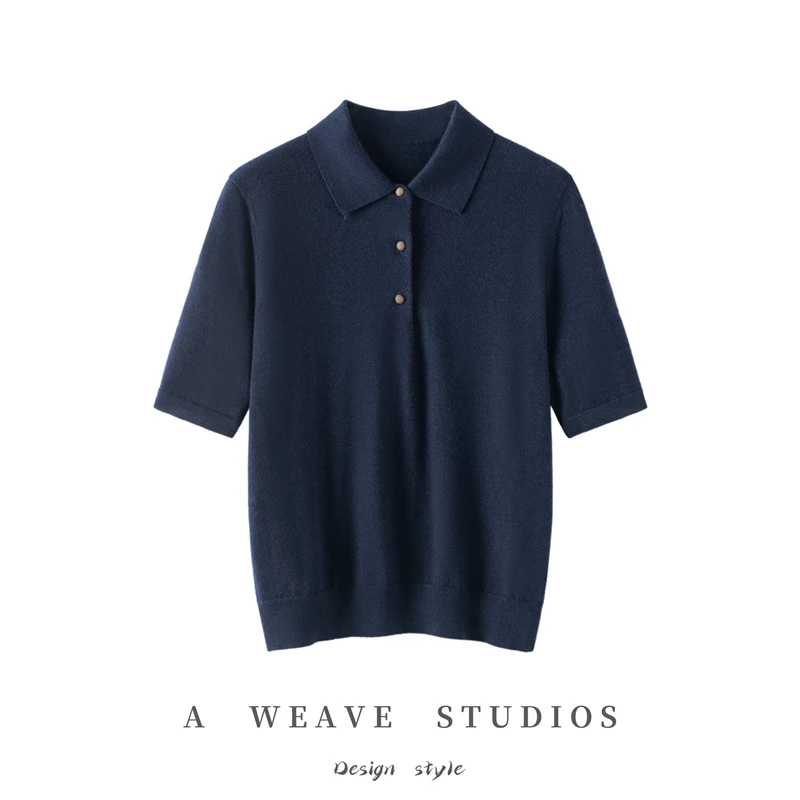 

Basic 100% Cashmere Polo Collar Pullover Sweater Autumn And Spring Soft Women Short Sleeve Knitwear Clothing Tops