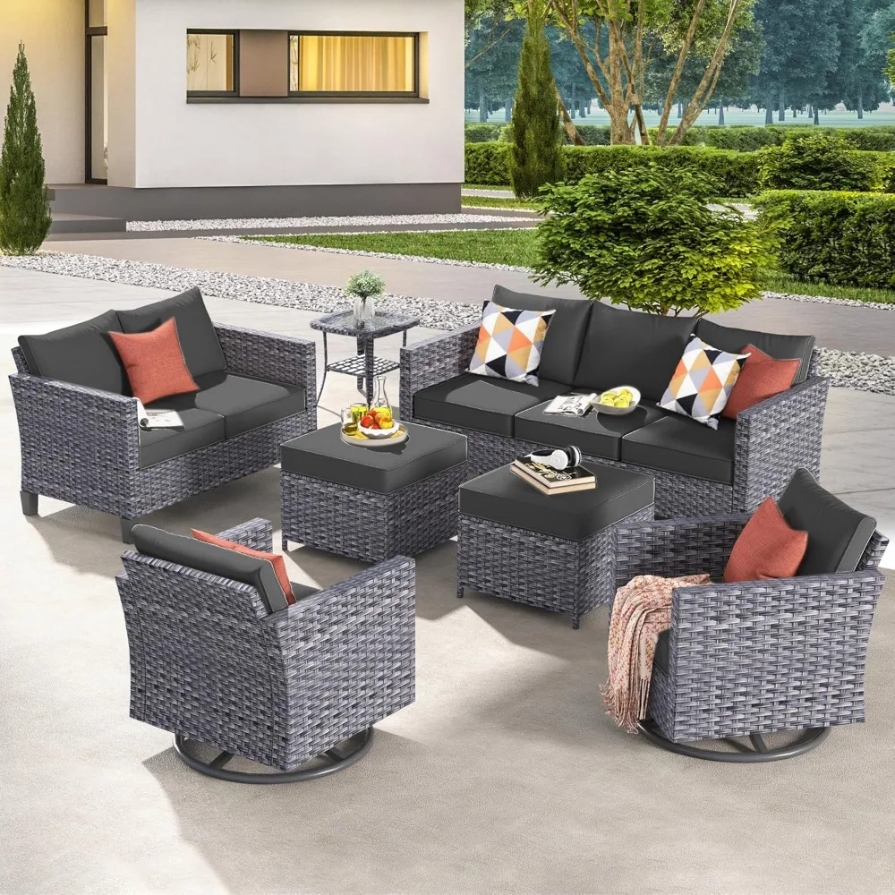 

7 Piece Outdoor Wicker Sofa with Swivel Rocking Chairs, Loveseat and Comfy Cushions, High Back Rattan Couch , Black