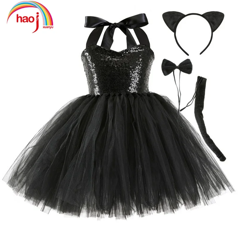 Kid Halloween Party Cosplay Black Cat Ear Headband Hairband Performance Stage Dance Wear Costume Set Clothes