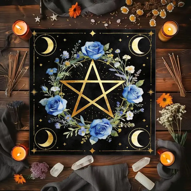 VIKAMA Moon Phase Pentagram Magic Rune Flower Altar Cloth Tarot Card Tablecloth Wicka Divination Astrology Decoration