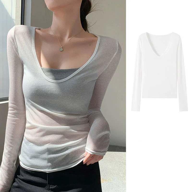 Sexy Mesh Sheer Low-Cut U-Neck T-Shirt Women Summer Thin Long Sleeve Ribbed White T Shirts Korean Chic Slim Fit Sunscreen Tops