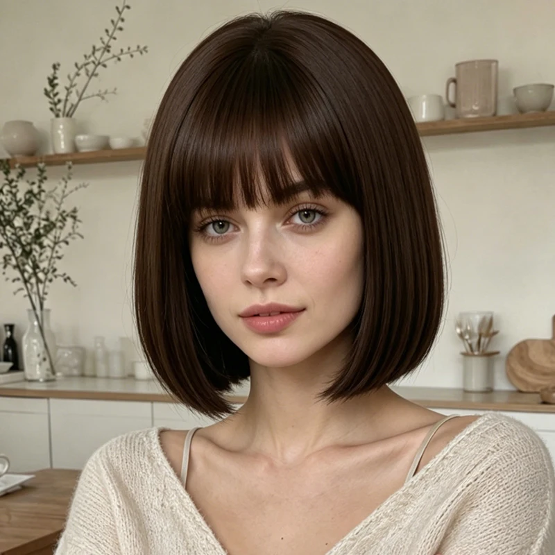 Synthetic bangs bob wig, 12 inches dark brown, sophisticated everyday style.