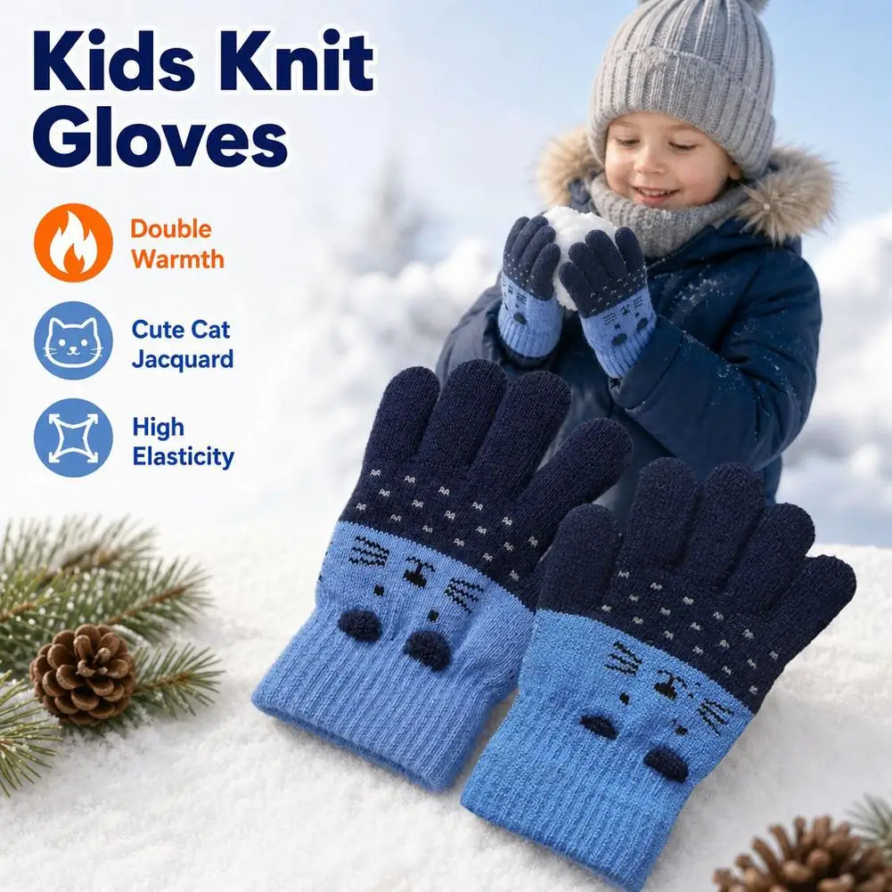 Winter Gloves Cute Knitted Cat Five Finger Velvet Male and Female Baby Woolen Outdoor Split Finger Warm Gloves For Kids 2026 New