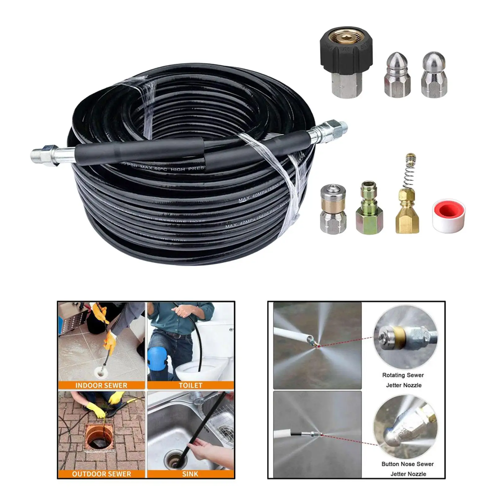 

15M/50Ft High Pressure Washer Hose Lance with Washing Nozzle Drain Pipe Cleaning Hose Sewer Jetter set