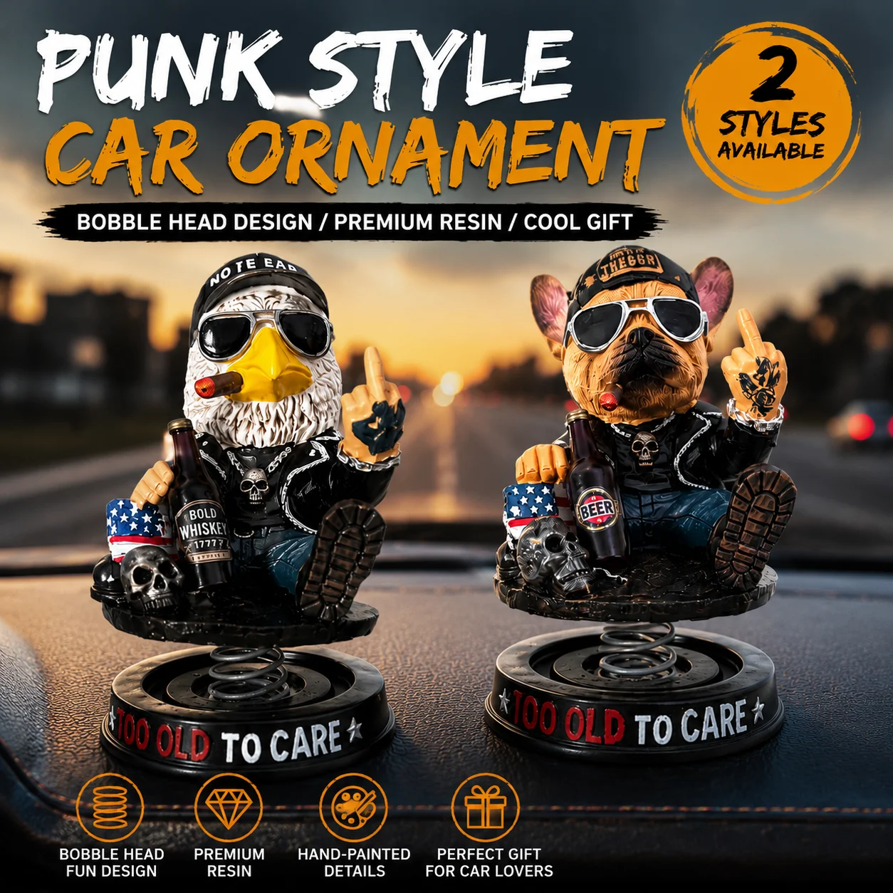 Gothic Punk Eagle Dog Bobble Head Car Ornament Resin Skull Dashboard Decor Cool Auto Interior Accessories Funny Gift for Men