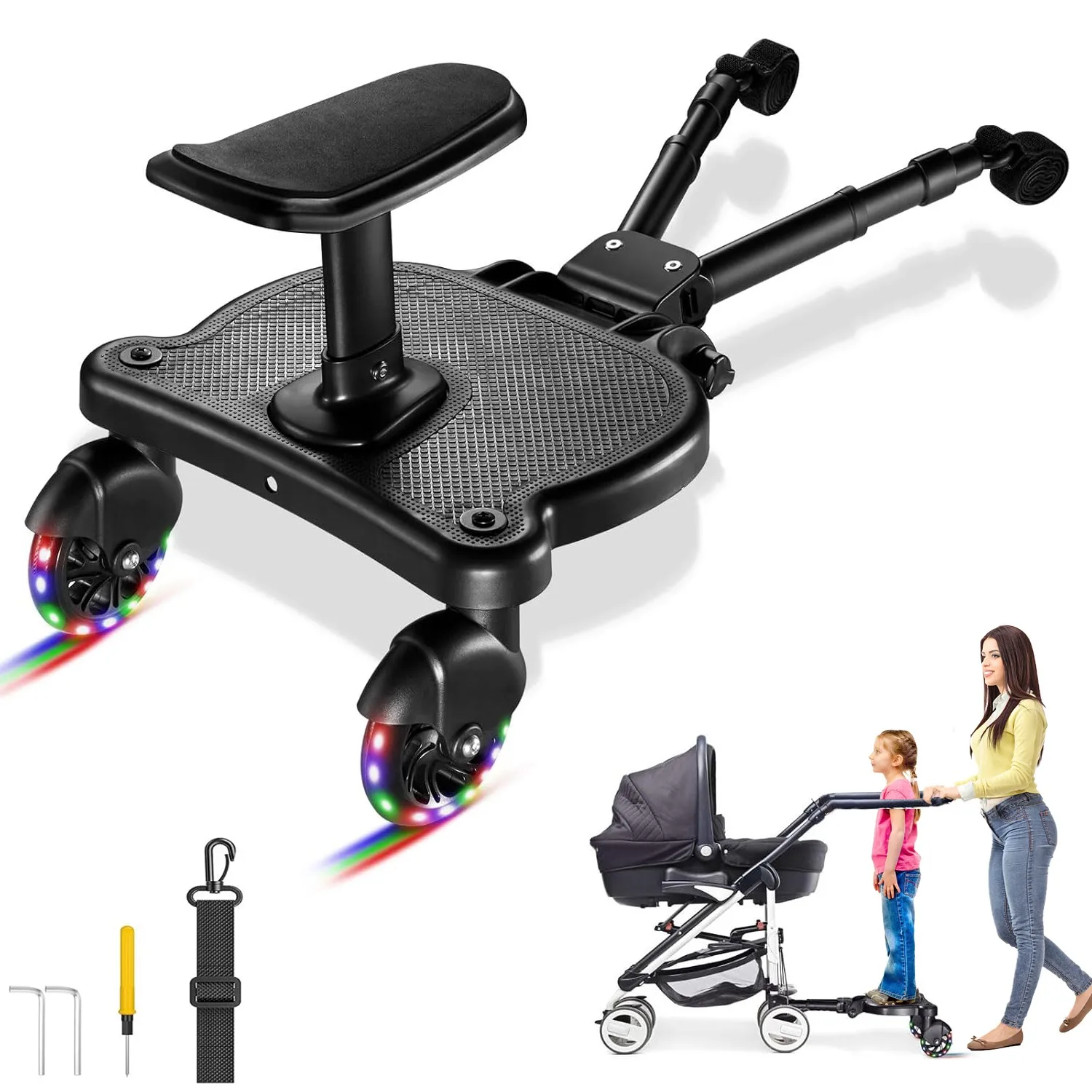 Image of Universeller Kinderwagen-Trittboard-Adapter mit abnehmbarem Sitz, Kinder-Buggy-Board, Tragkraft 55 lbs, Kinder-Jogger-Scooter, Baby-Kinderwagen-Board