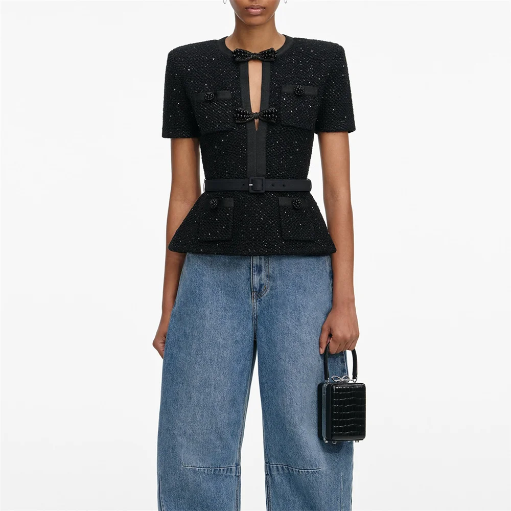 

2026 Женские модные футболки, блузки, ремни, бриллианты, банты, корсеты, женские топы, трикотаж, новый универсальный пуловер Y2K