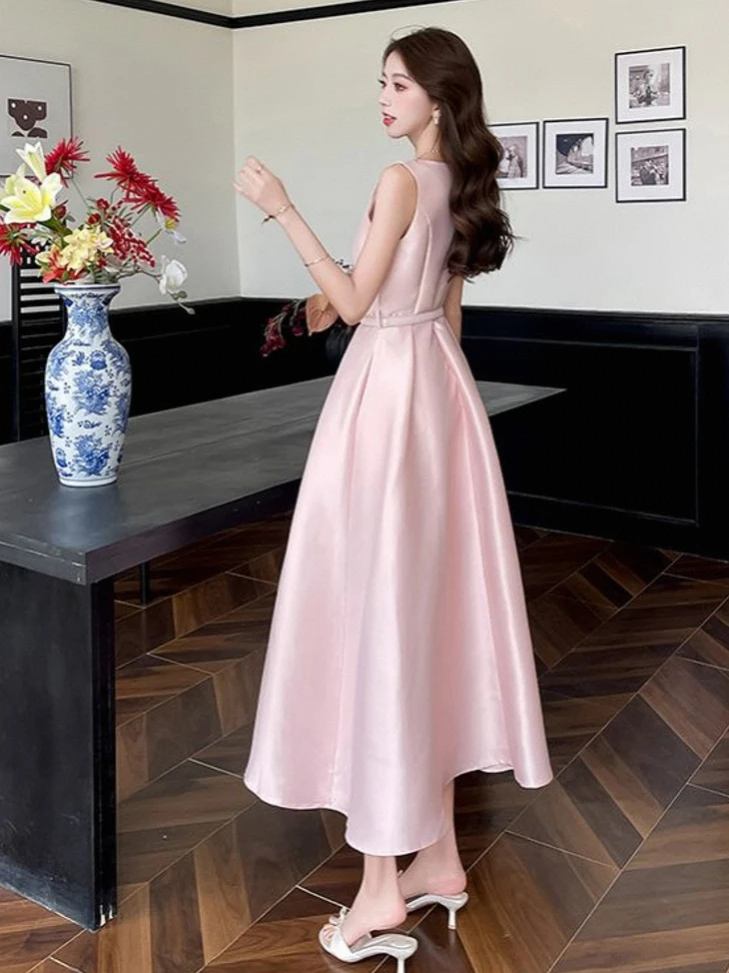 فستان طويل على طراز هيبورن الحلو للنساء وردي بدون أكمام تنورة ماكسي عالية الخصر قماش شفاف ملابس غير رسمية للربيع والصيف #3