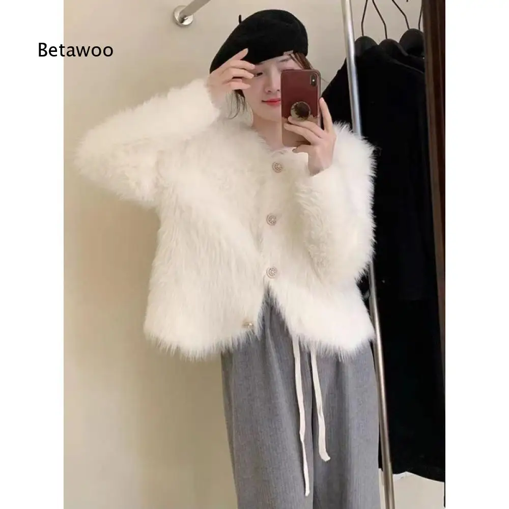 Women Long Sleeve Faux Fur Jacket Round Neck Fluffy Single Breasted Short Coat Loose Outerwear For Cold Season Everyday Wear