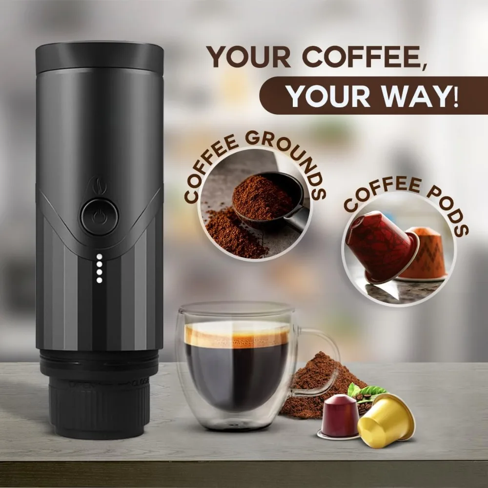 

Portable Espresso Machine - Travel Espresso Maker for Both Coffee Ground & Capsules - Battery Powered Coffee Maker