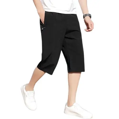 Qui Dry Ice Silk Seven-Foot Pants Men Summer Casual Sports orts Thin Mid-Pants Outdoor Wear Straight Leg Anti-Wrinkle