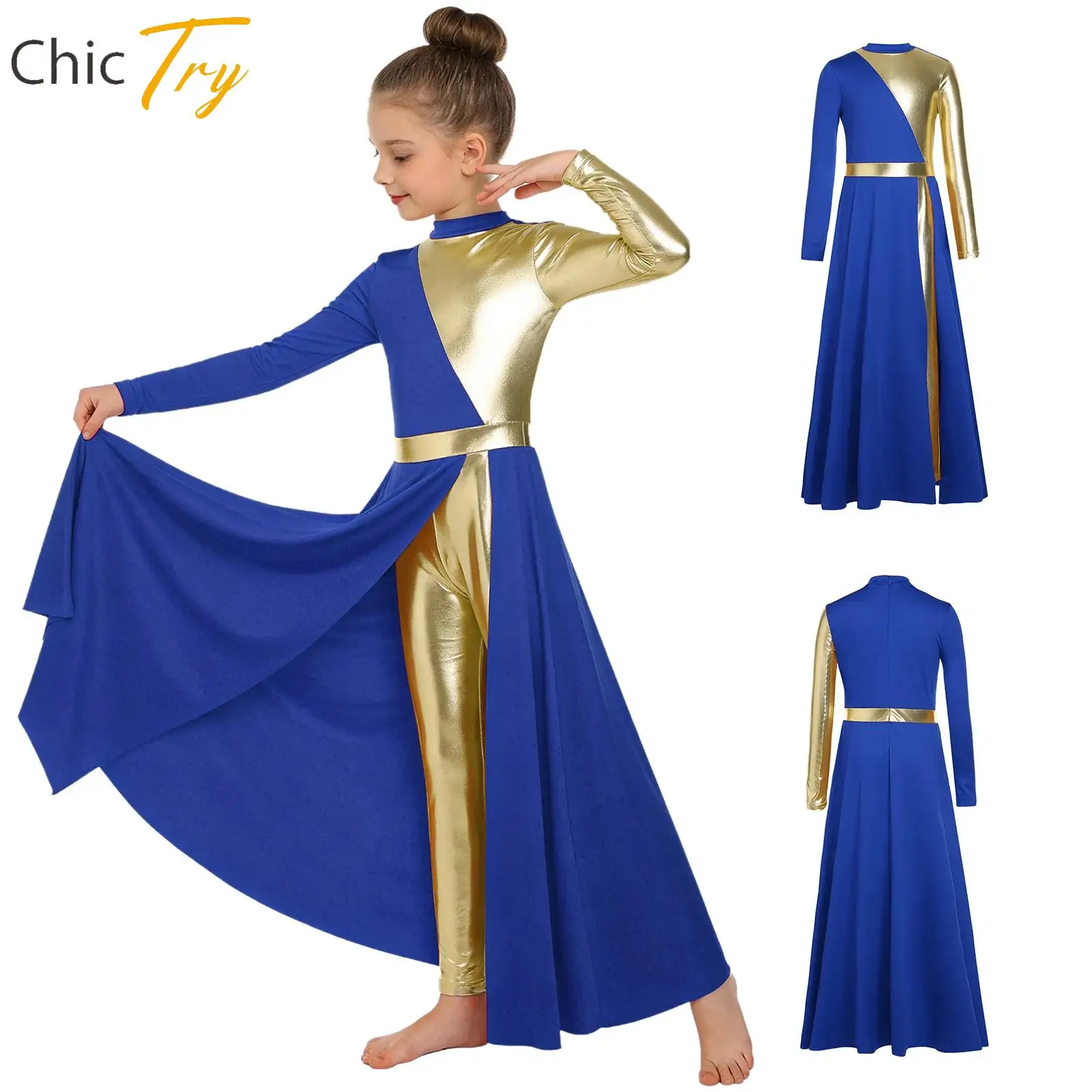 

Kids Girls Worship Church Choir Stage Costumes Metallic Color Block Long Sleeve Praise Dance Split Dress with Built-in Leggings