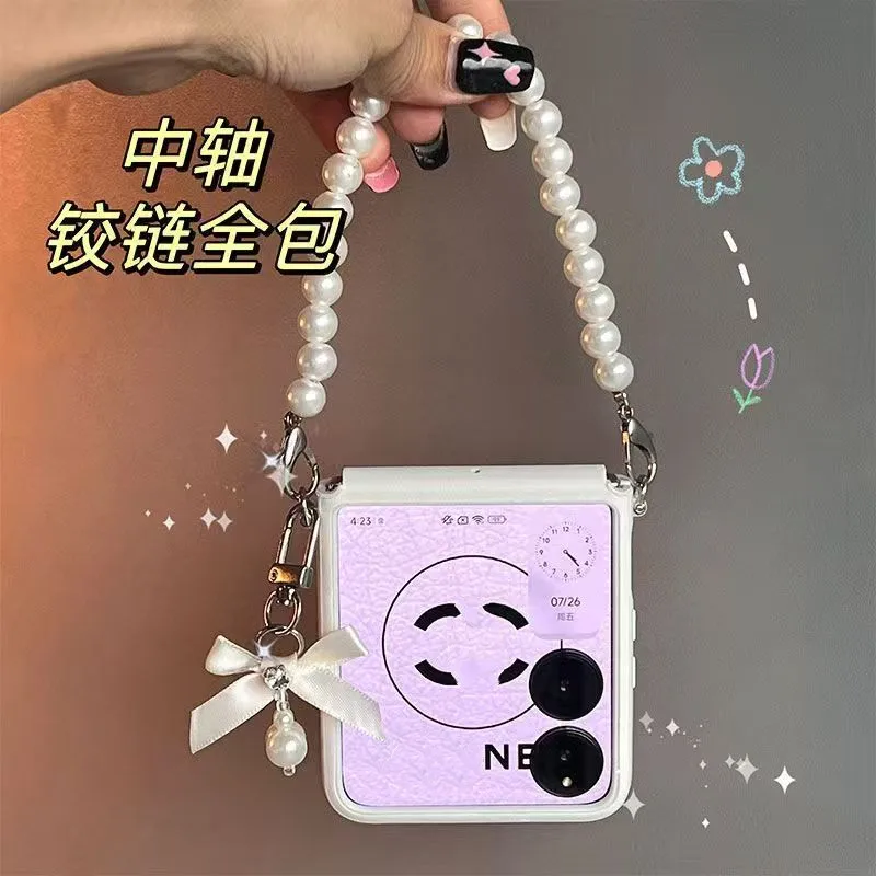 Korean Crossbody Lanyard Strap Retro White Bow Pendant Pearl Bracelet Phone Case for Galaxy Z Flip 6 Z Flip5 Shockproof Cover