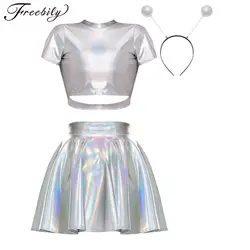 Costume da donna alieno metallizzato lucido Crop Top con minigonna olografica e fascia martiana Raves Outfit Halloween Cosplay