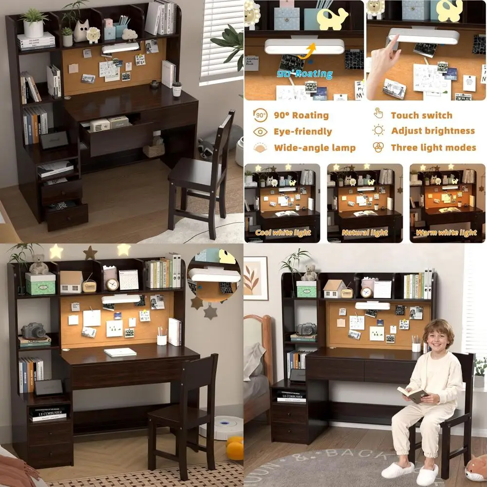 

Детский письменный стол и стул с подсветкой, с тумбой для хранения и верхней полкой, идеально подходит для девичьей спальни - 4 ящика и полки