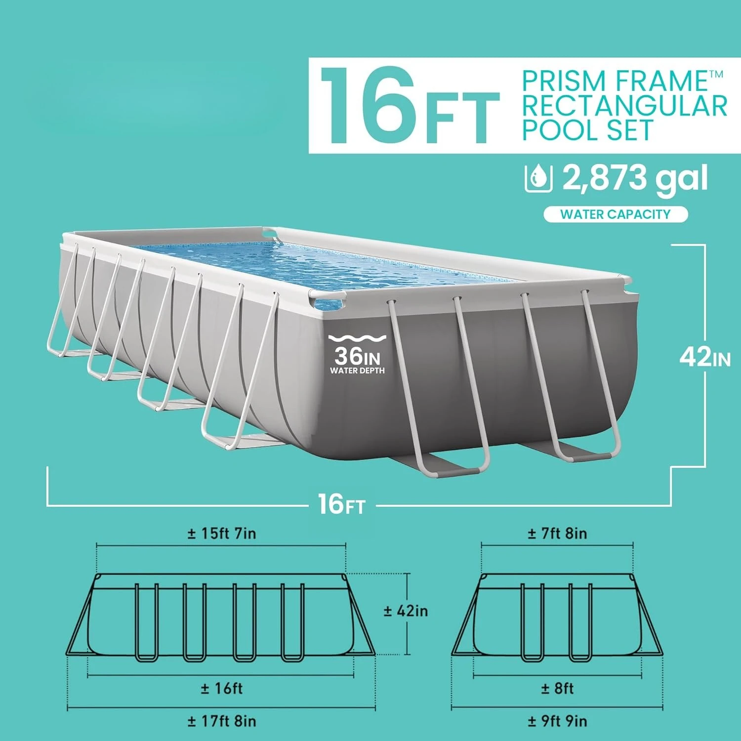 Rectangular Above Ground Swimming Pool Set 16ft x 8ft x 42in with 1000 GPH Filter Pump Complete Outdoor Backyard Summer, Custom image 3