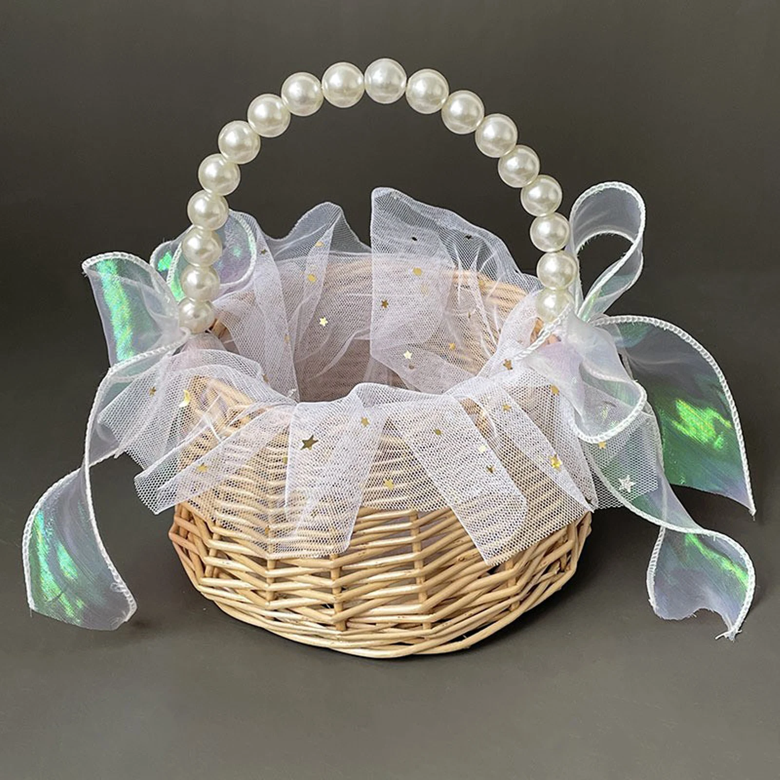 Pearl Princess Woven Flower Basket Rattan Storage Basket Flower Girl Hand Basket Handmade Flower Basket For Home Wedding Decor