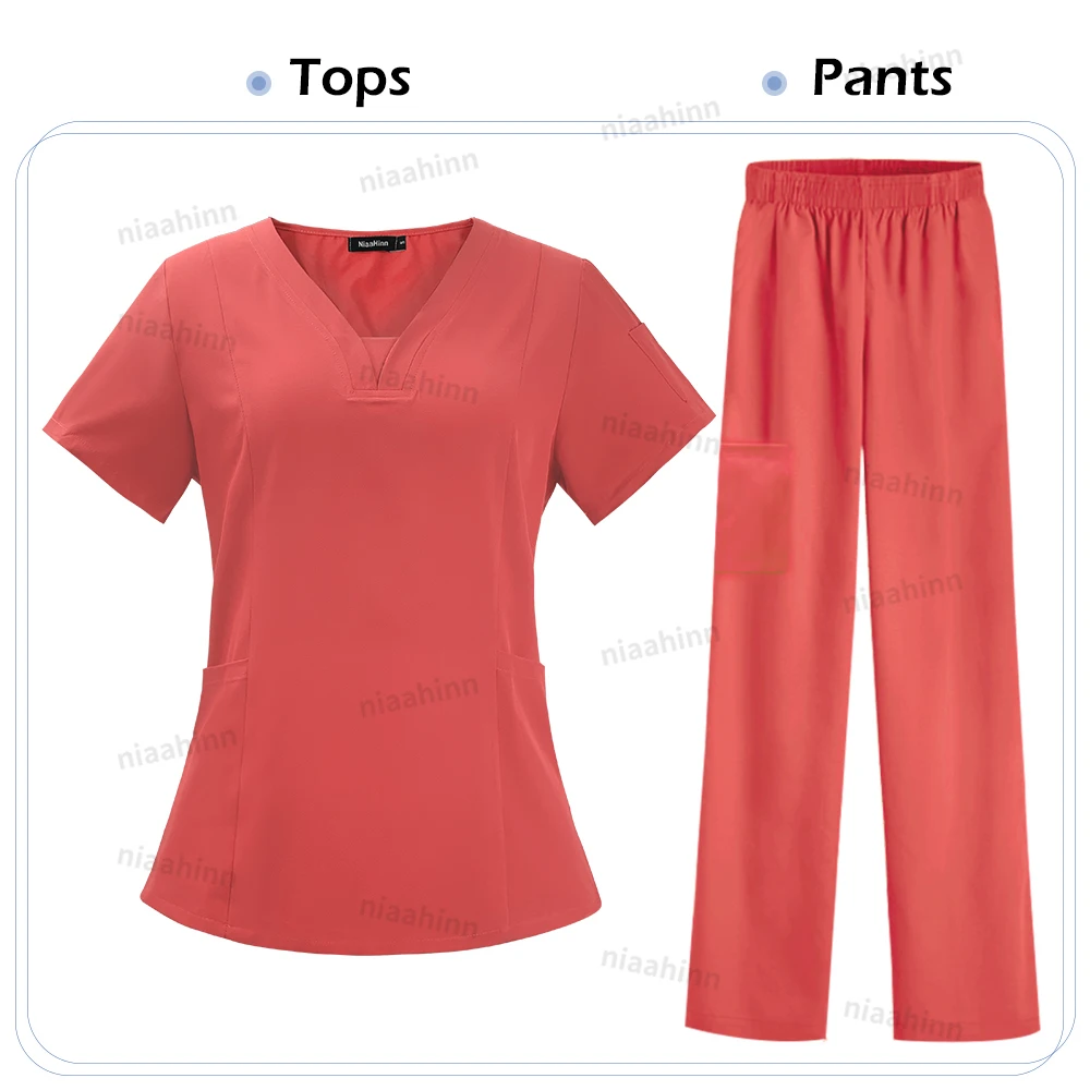 Dental Peeling T-shirt Mode Einfache Krankenschwester Uniform V-ausschnitt Kurzarm Top Jogger Hosen Klinik Jacke Pflege Zubehör Frauen – Detail 13