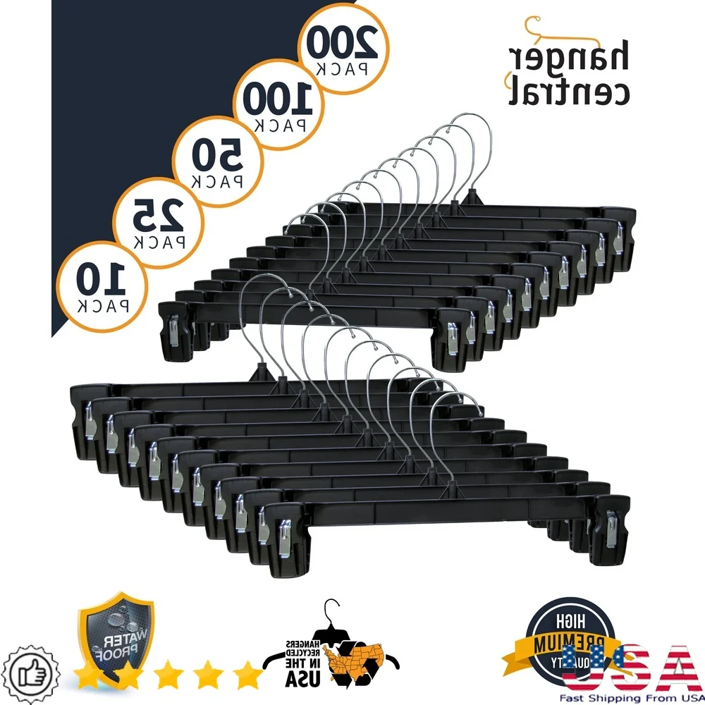 

200 Pack Heavy Duty Recycled Plastic Pants Hangers with Long Pinch Clips Swivel Hook Closet Storage Organization