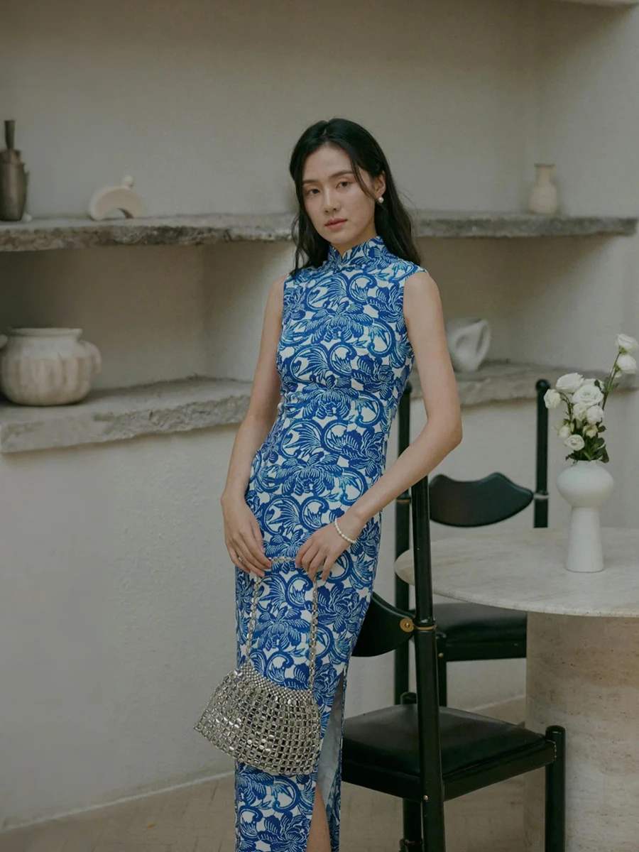 

Mojjia Long Silk Cotton Svel Blue Glaze Retro Sle Daily Wear Chinese Nationali Flag Robe Gown