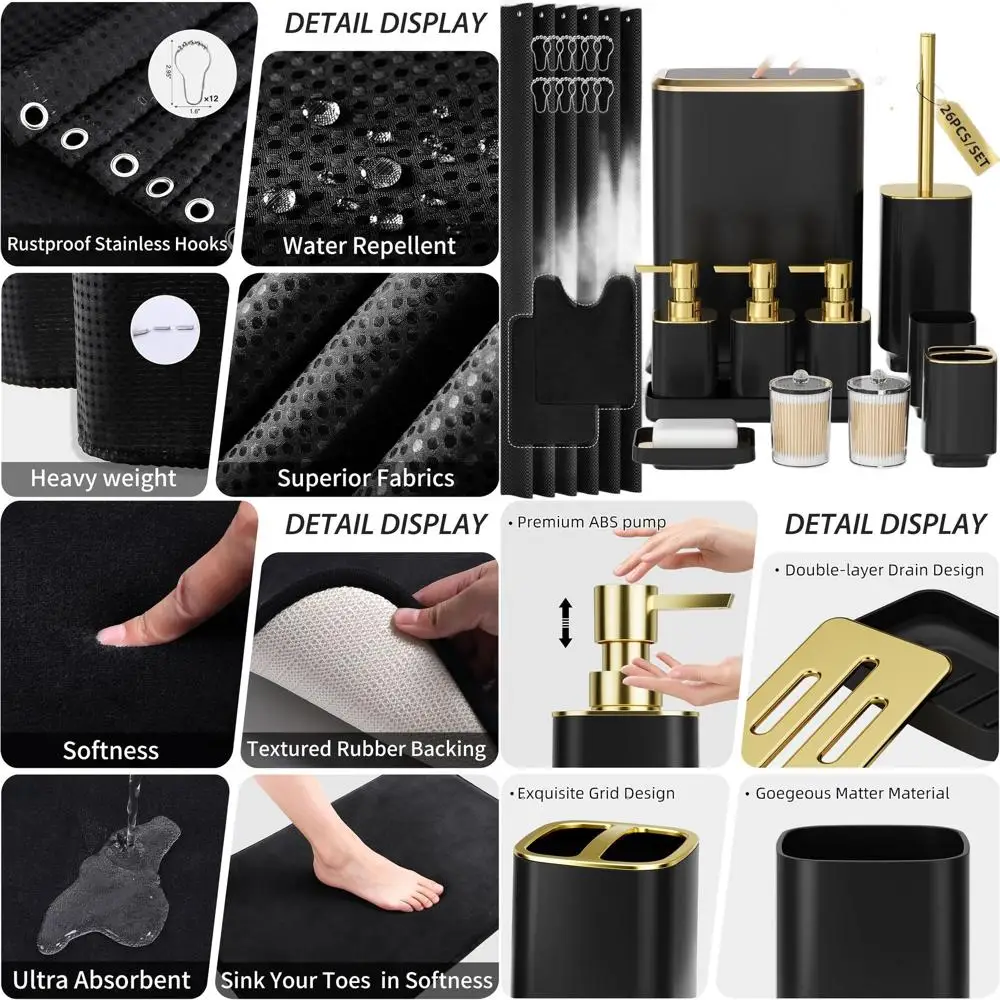 

Complete 26-Piece Black Bathroom Accessory Kit: Shower Curtain, Mats, Stainless Steel Trash Bin, Toilet Brush