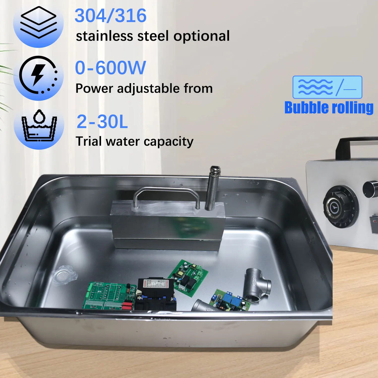 منظف فقاعات بالموجات فوق الصوتية 40 كيلو هرتز ، ماكينة تنظيف بالموجات فوق الصوتية ، مقبض تحكم قابل للتعديل ، مادة تنظيف بالموجات فوق الصوتية