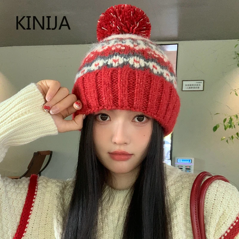 Warm Pullover Hat for Women Winter Thick Woolen Knitted Hat Fashion Fur Ball Beanie Hats Men's Against Cold Hat Skiing Cashmere