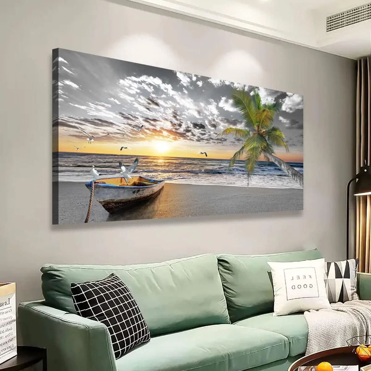 Lienzo de palmeras de playa en blanco y negro, arte de pared, paisaje marino, puesta de sol, impresiones de barcos para sala de estar, dormitorio, oficina, obra de arte de paisaje Natural