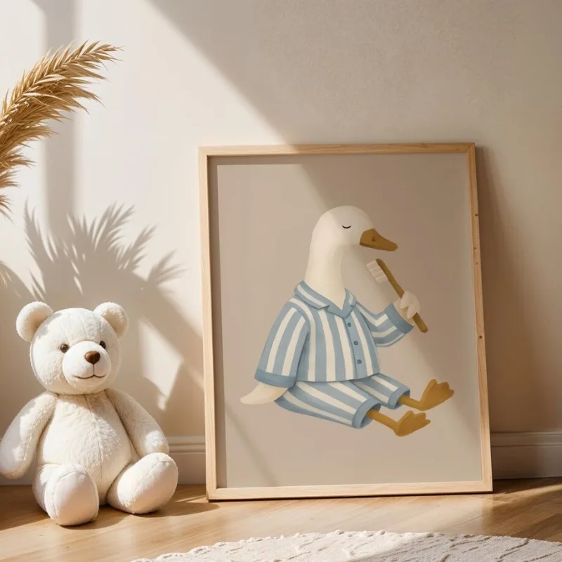 1 Stück rahmenloses, niedliches Gänse-Enten-Poster im modernen Cartoon-Stil, Tierpersonifikation, Leinwandgemälde, Wandkunst für Kinderzimmer, Kinder R