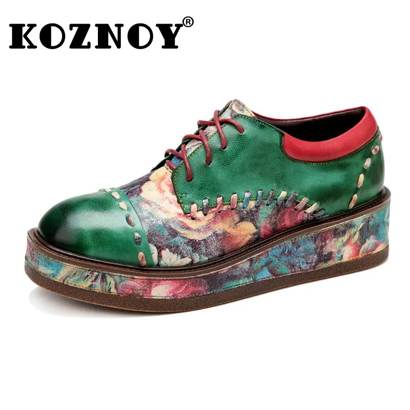 

Koznoy Autumn Novelties Fashion Ladies 5.5cm Print Cloth Sheepskin Leather Spring Woman Novelty Plus Size Ethnic Luxury Shoes