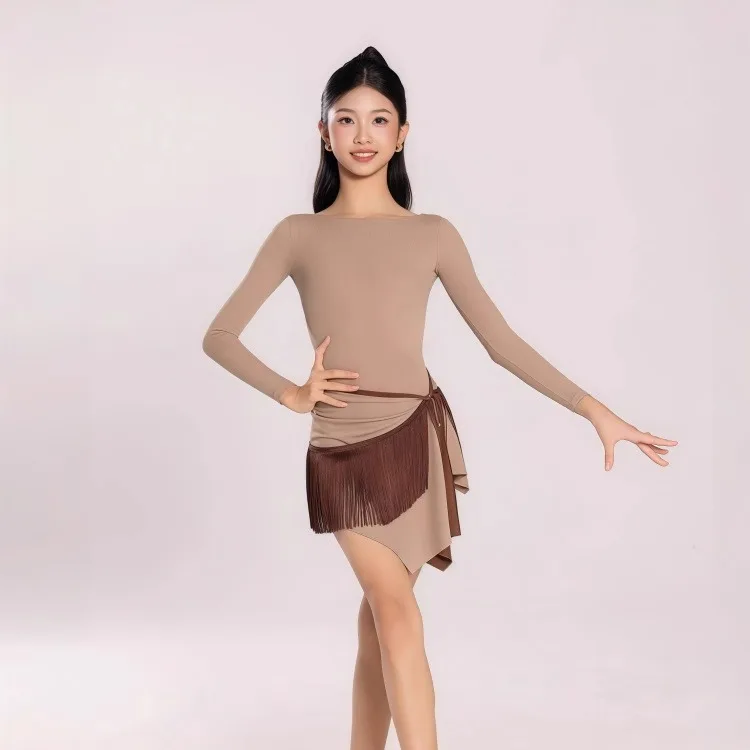 Vestido de baile latino para niñas, ropa de manga larga, conjunto de falda con flecos, traje de competición de baile Cha-cha de salón para niños, Ropa de baile