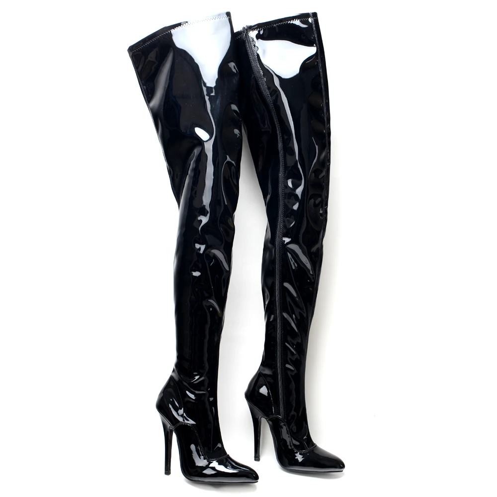 Womens Over The Knee Boots 14CM High Heel Stiletto Sexy Pointed-Toe Black Shiny Side-Zip Party Nightclub Shoes Size 36-46