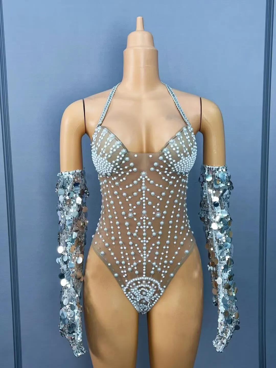 セクシーなヌードメッシュ光沢のあるパールスパンコール包帯ボディスーツ女性パーティーファッションショー衣装歌手ダンサーパフォーマンスステージ着用