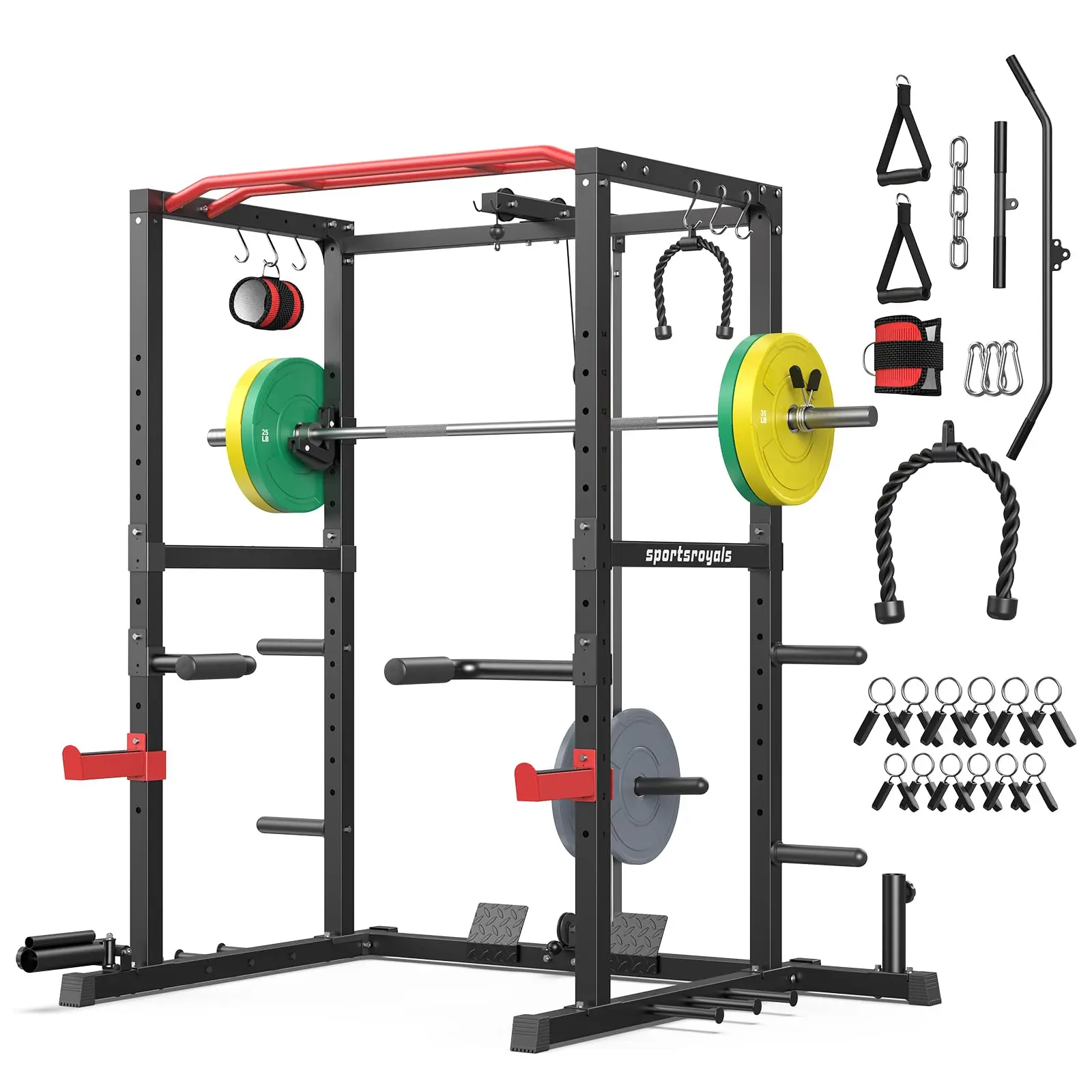 Power Rack, Multi-Functional Power Cage, Squat Rack with Pulley System & LAT Pull Down, Workout Cage with J Hooks for