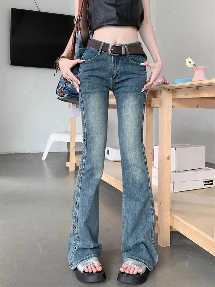 REDDACHiC Metal Eyelet Flare Jeans Women Korean High Rise Blue Wash Slim Fit Stretch Spliced Bootcut Denim Pants Vintage Clothes