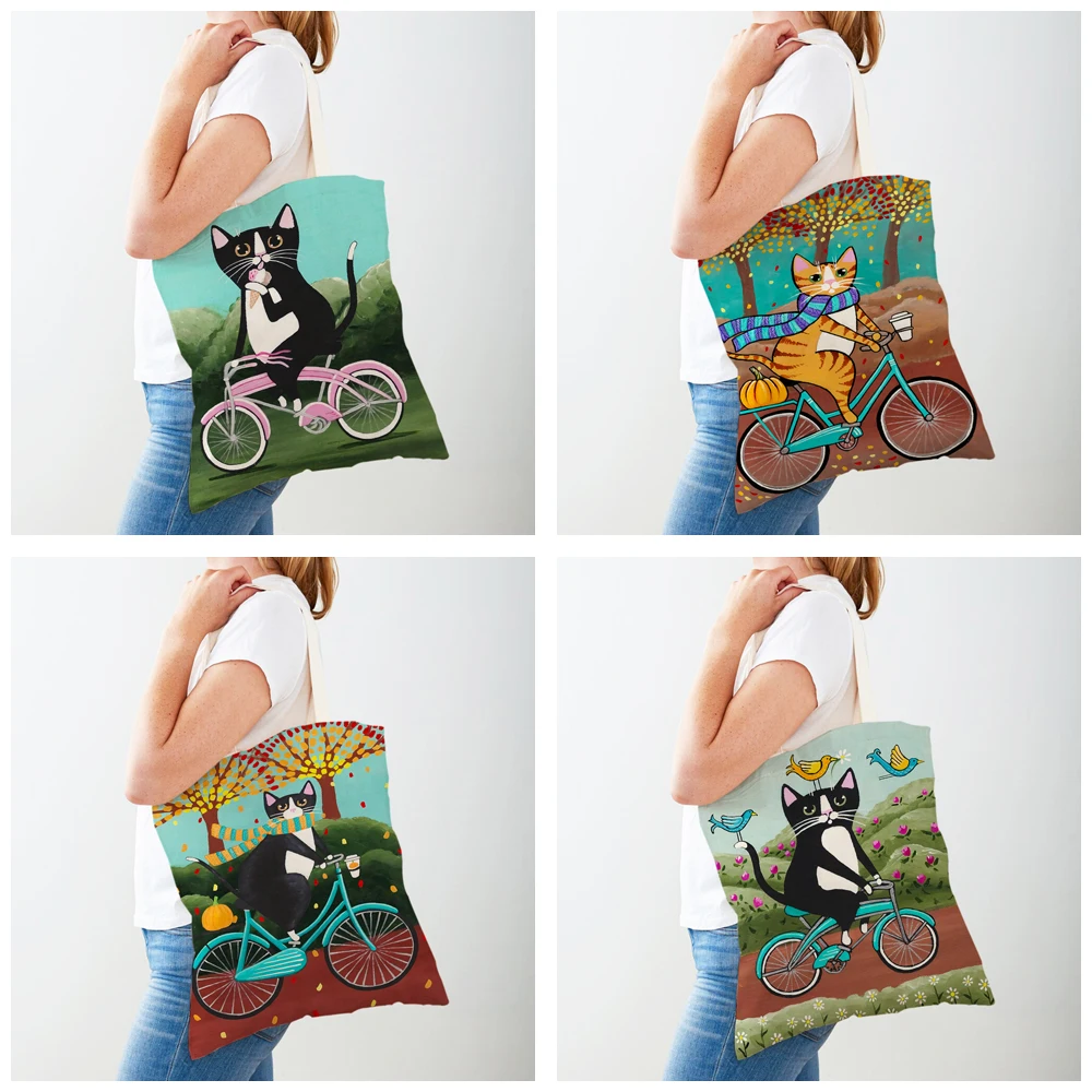 Simpatica borsa shopper da donna per bici da bicicletta, borsa per la spesa da donna, borsa a tracolla per animali in tela riutilizzabile pieghevole