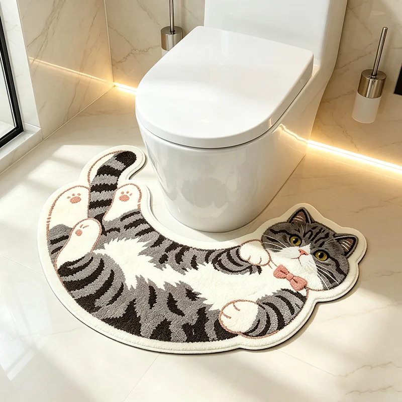 Cartoon Lazy Tabby Cat U‑Shaped Toilet Bath Mats Irregular Plush Bathroom Floor Mat Cute Pet‑Themed Decor Rug for Toilet