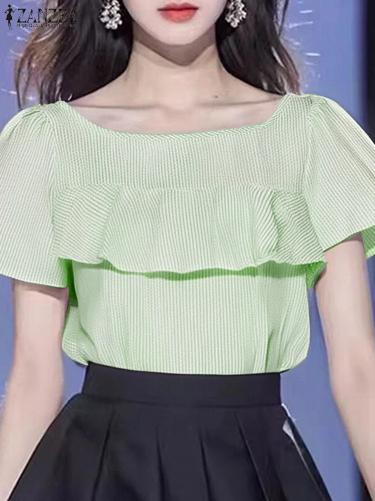 ZANZEA Striped Blusas Women Ruffled Tops Vintage Short Sleeve Blouse Casual O Neck Tunics 2025 Summer Bohemian Pullove S-3XL