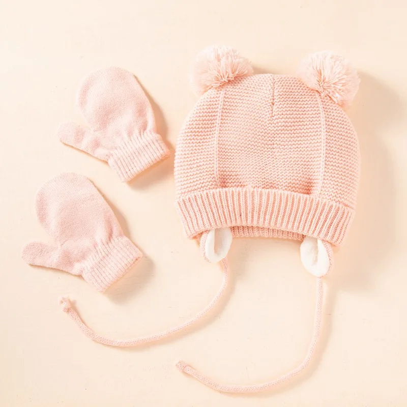 Winter new baby wool cap solid color children\'s warm knitted hat gloves two-piece set baby accessories newborn