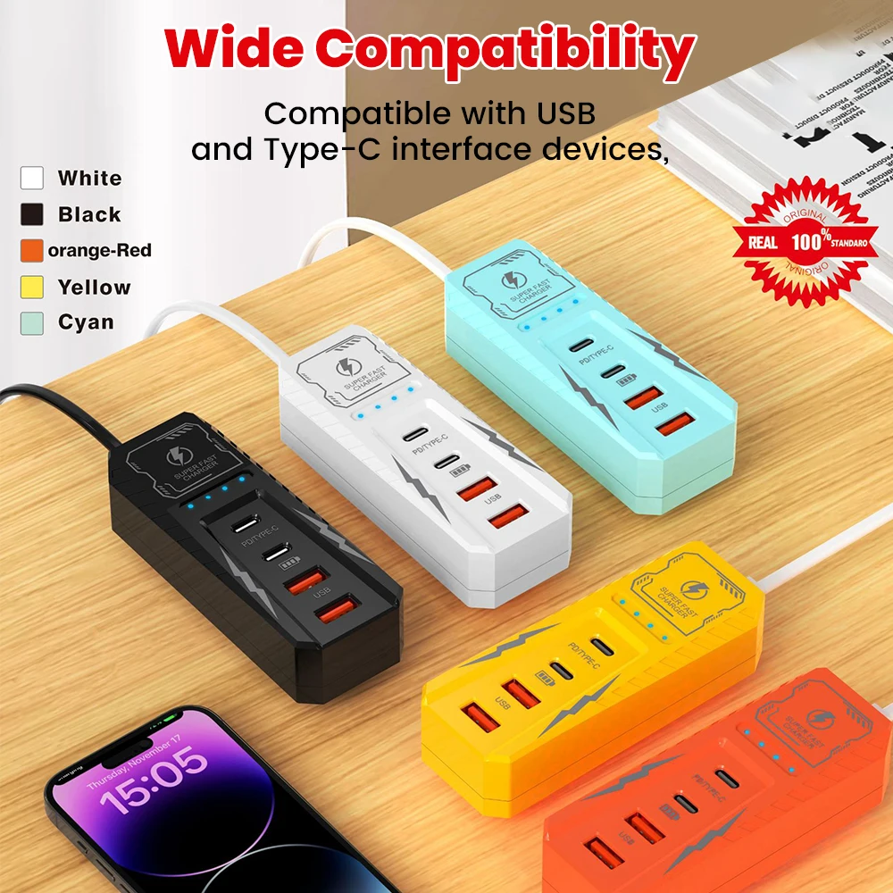 4-in-1 2USB 2PD Charger USB Type C Fast Charging EU US Plug Wall Charger USB C Hub Adapter Quick Charge Power Socket Charger