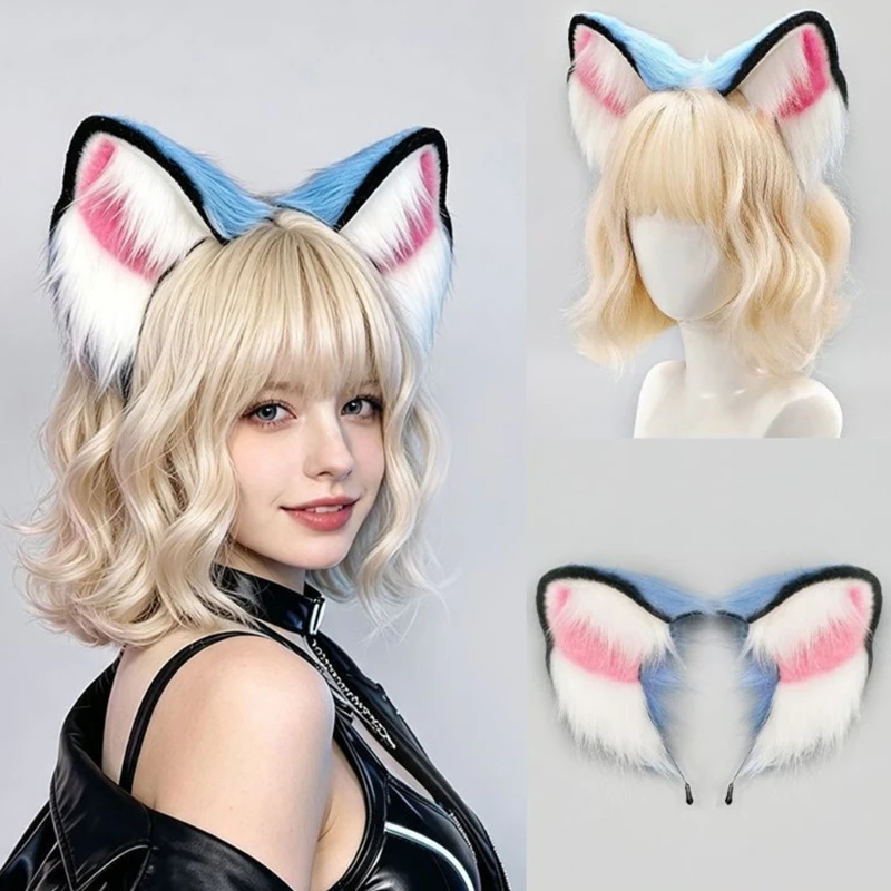 Plush Animal Ear Hairband with Dimensional Blue Ears and Contrasting Accents Tail for Stage Shows and Halloween Costumes