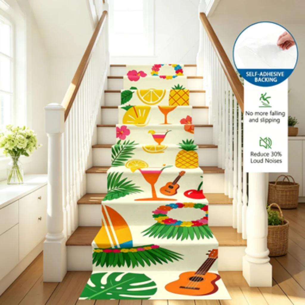 Summer Tropical Fruit Palm Leaf Print Self-adhesive Long Stair Runner Mat, Non-slip Quiet Cuttable Washable Stair Step Protector